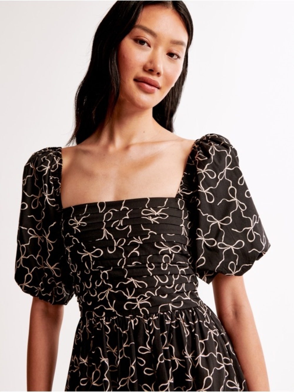 Abercrombie & Fitch Emerson Poplin Puff Sleeve Midi Dress cream bows black M